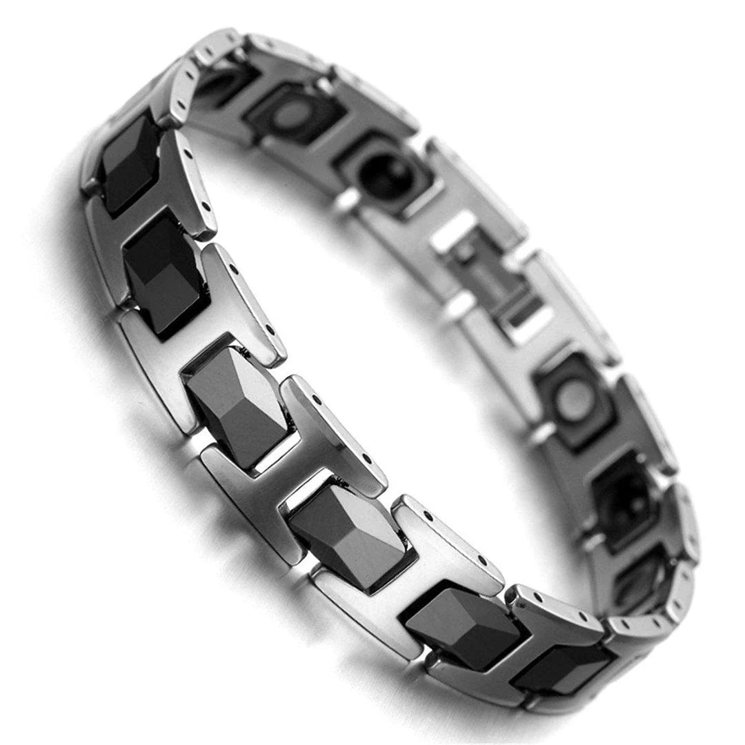 A close-up view of a sleek, geometric-shaped tungsten steel bracelet with a polished metal finish.