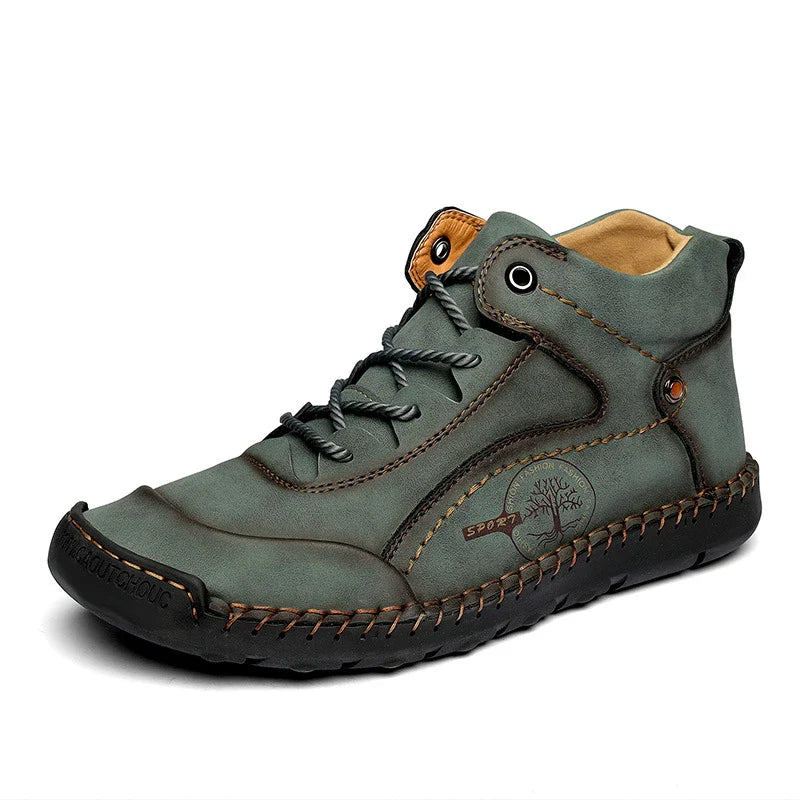 Rugged retro leather boots in black, light brown, and khaki colors, featuring a vintage-inspired design with eye-catching stitching and a durable rubber sole for superior grip