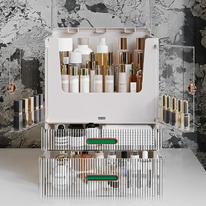 Large white makeup organizer drawer with transparent cover, storing various cosmetic products and accessories