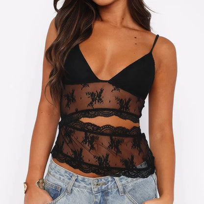 Stylish floral lace camisole with spaghetti straps and backless design, perfect for summer fashion