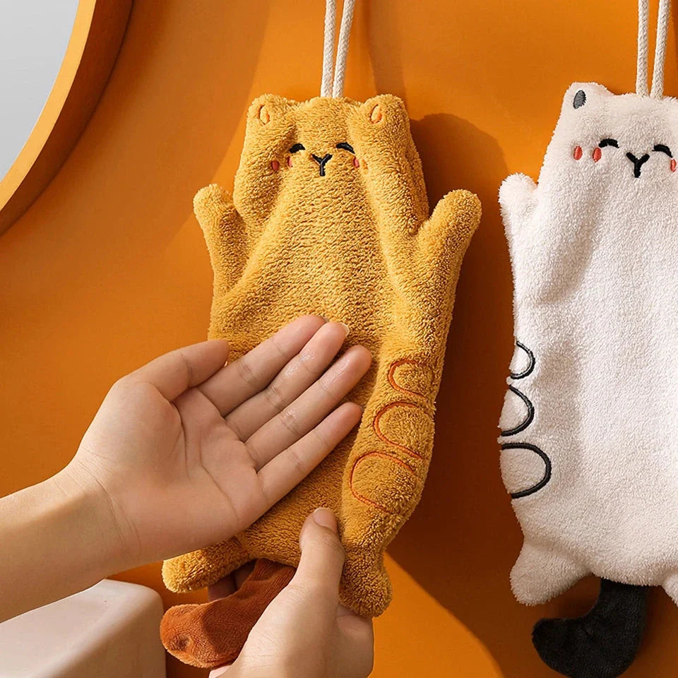 Adorable Kawaii hand towel with a playful cat design, made from premium coral velvet and featuring a convenient hanging lanyard