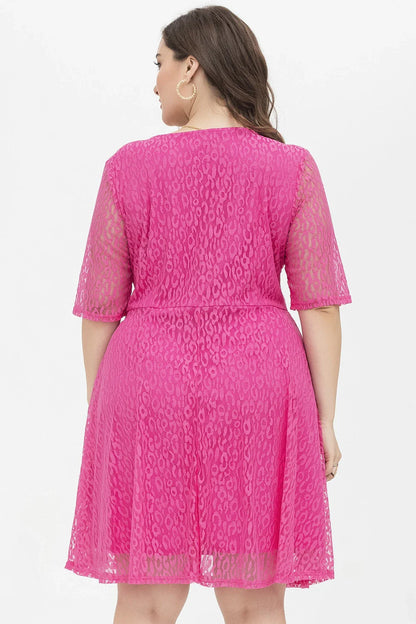 Stylish relaxed-fit v-neck lace dress in rose red color, featuring a flattering A-line silhouette and premium polyester fabric