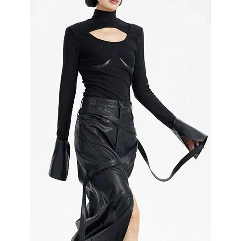 Stylish knitted pullover with PU leather patchwork, available in black and various sizes