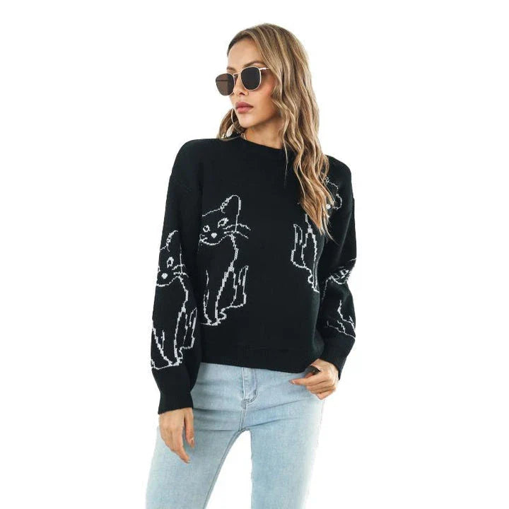 Relaxed-fit women's pullover sweater with cozy cat brocade pattern, perfect for autumn and winter in New Zealand