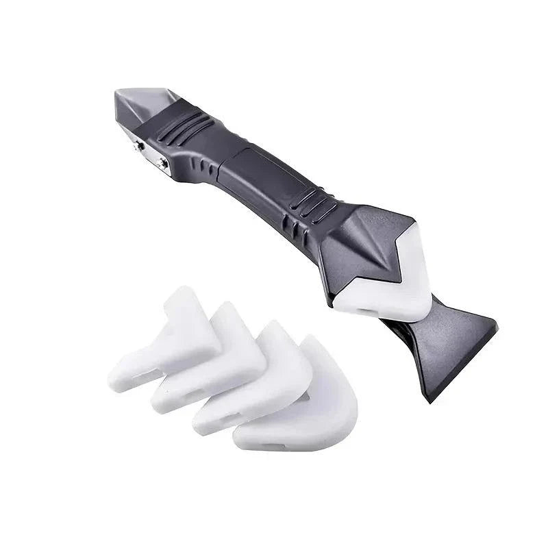 A 5-in-1 silicone sealant scraper and caulk removal tool set with interchangeable pads for precise finishes on home improvement projects.