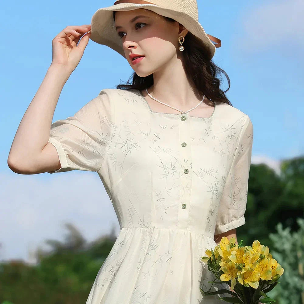 Elegant floral print French-inspired summer dress with square neckline and short sleeves for Kiwi women