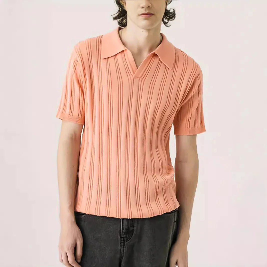Premium Kiwi-made acrylic knitted tee in a vibrant orange-red hue, featuring a slim-fit design and classic short sleeves