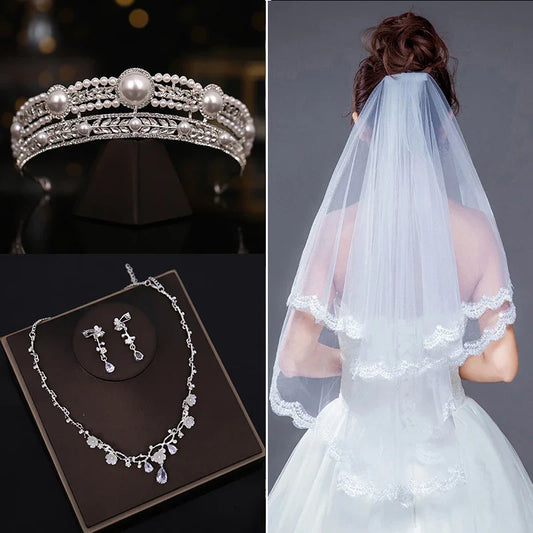 Elegant pearl crown and veil set with intricate silver or gold plated alloy design and sparkling crystal accents, perfect for a fairytale wedding day