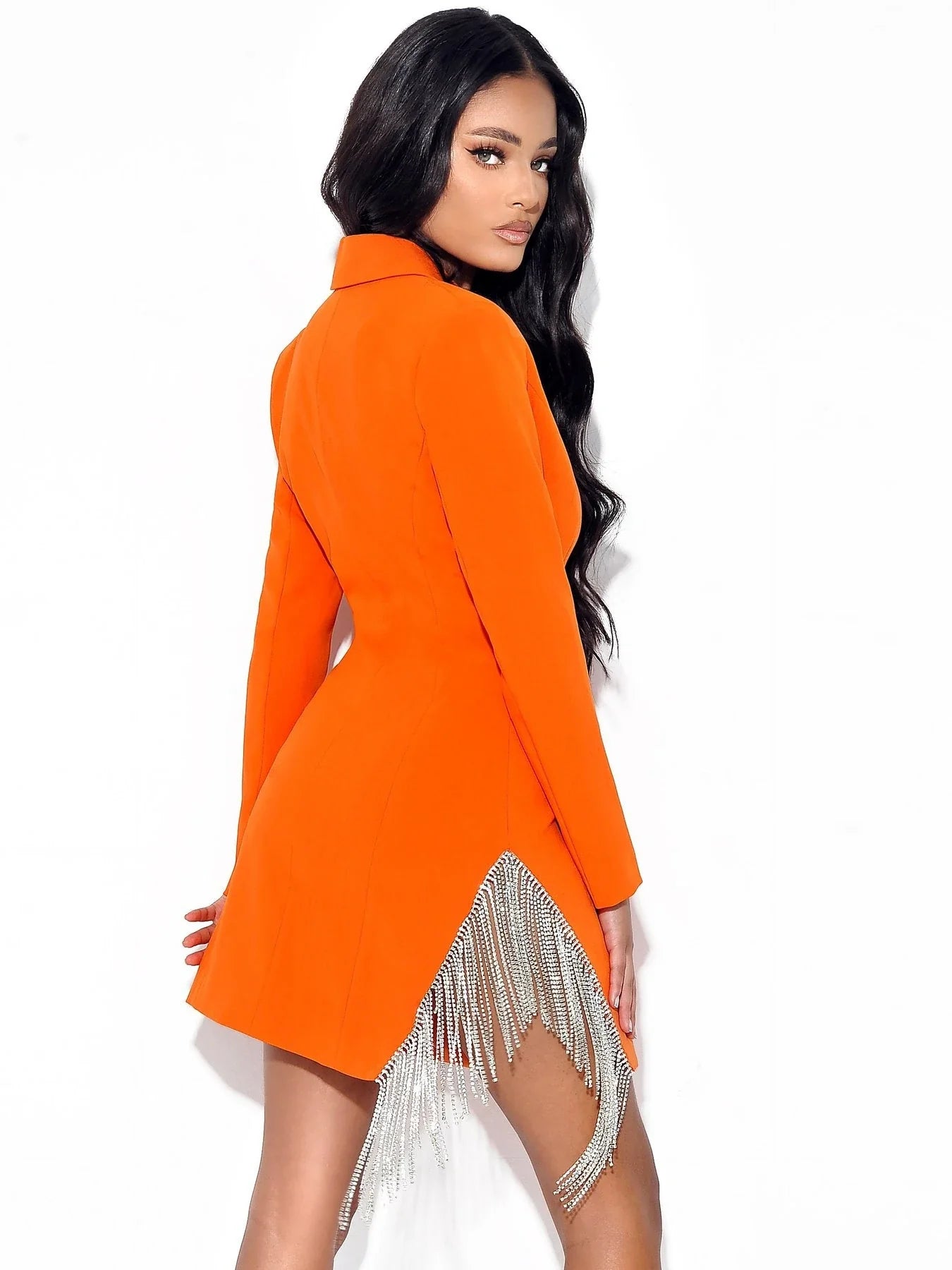 A stylish one-shoulder short dress with long sleeves in an orange color, perfect for formal events or night outs in New Zealand.
