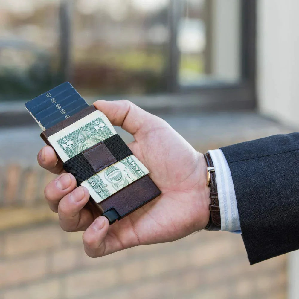 Premium genuine leather anti-theft card case with integrated brush, available in a range of classic Kiwi-friendly colours