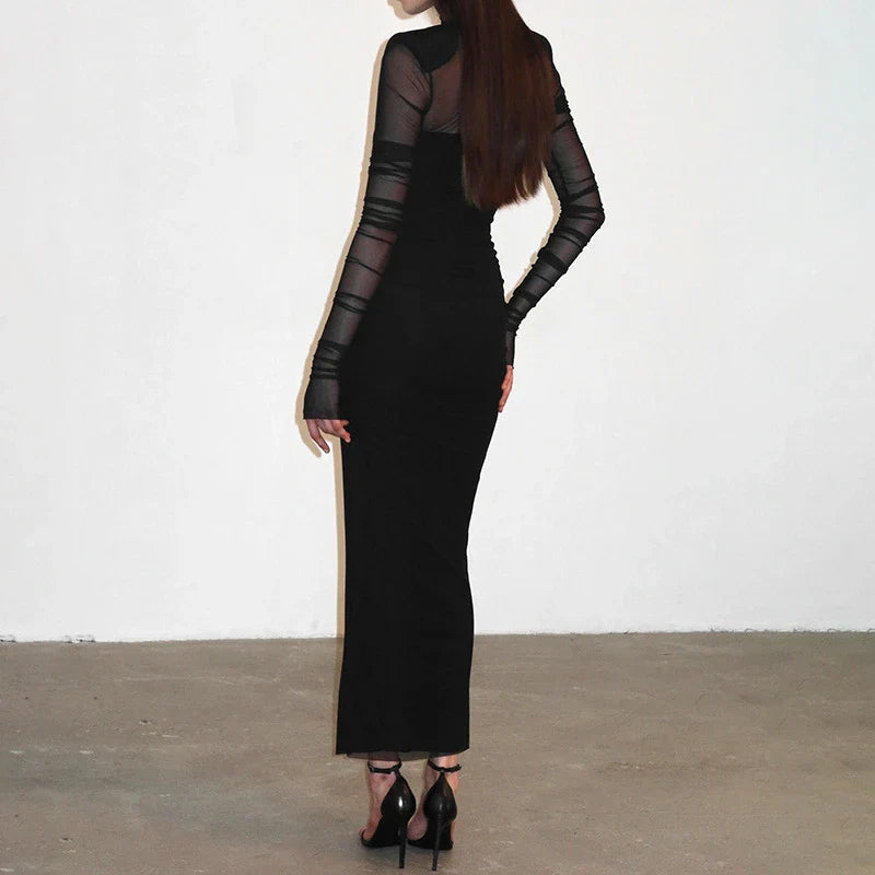 Elegant turtleneck dress with mesh stitching details, slim-fit silhouette, and long sleeves