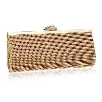 A glamorous gold rhinestone-embellished evening clutch with a sleek, hard exterior and fashionable hasp closure.