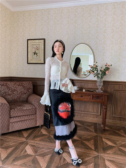 Lace patchwork shirt with ruffled sleeves in a beige color, perfect for casual and formal occasions