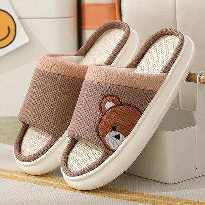 Cozy cartoon bear linen slippers with non-slip soles, perfect for indoor Kiwi comfort