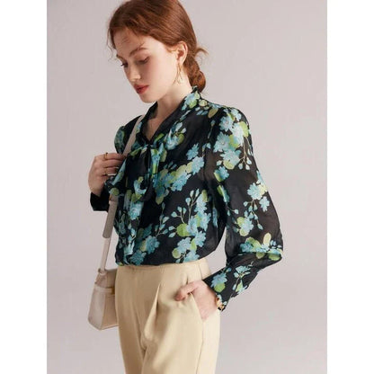 Elegant floral silk blend blouse with puff sleeves and bow collar, a timeless fashion statement for Kiwi women