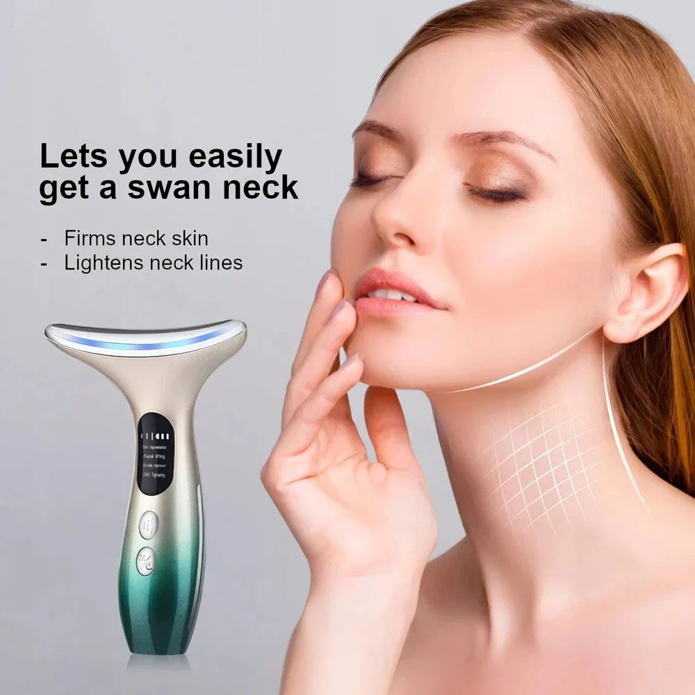 EMS Neck and Face Firming Device with micro-current, light therapy, and sonic vibration for youthful, radiant skin