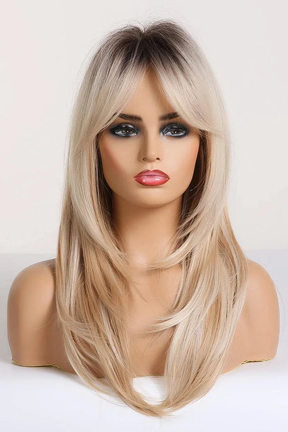 Stylish mid-length wave synthetic wig in cream color with comfortable cap construction and heat-safe synthetic fibres