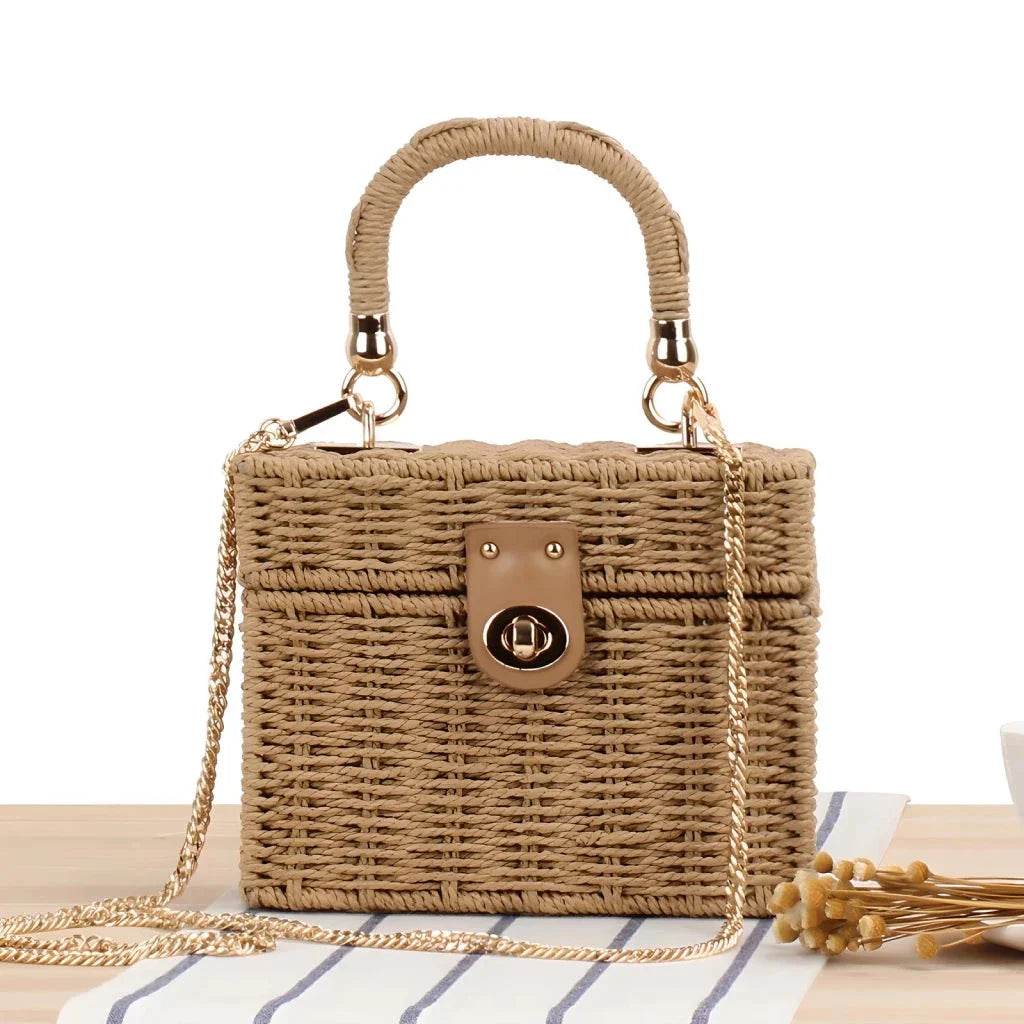 Stylish straw satchel with detachable chain strap, ideal for Kiwi summer adventures