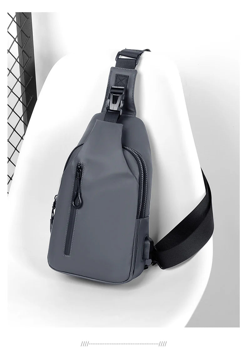 Eco-friendly sling backpack in blue, black, and grey colours with adjustable strap for hands-free wear