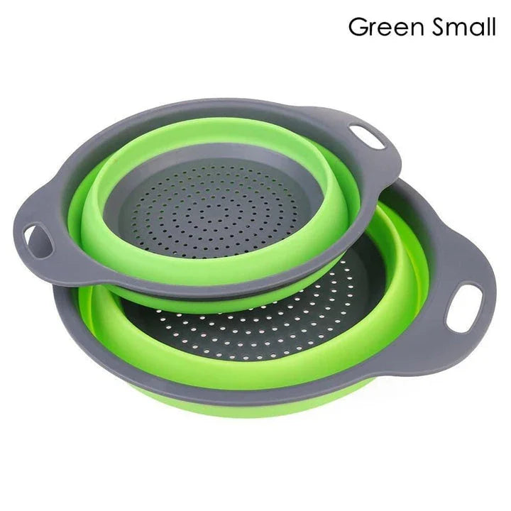 Folding Silicone Colander for Kiwi kitchens, available in large and small sizes, featuring a durable, flexible, and space-saving design.