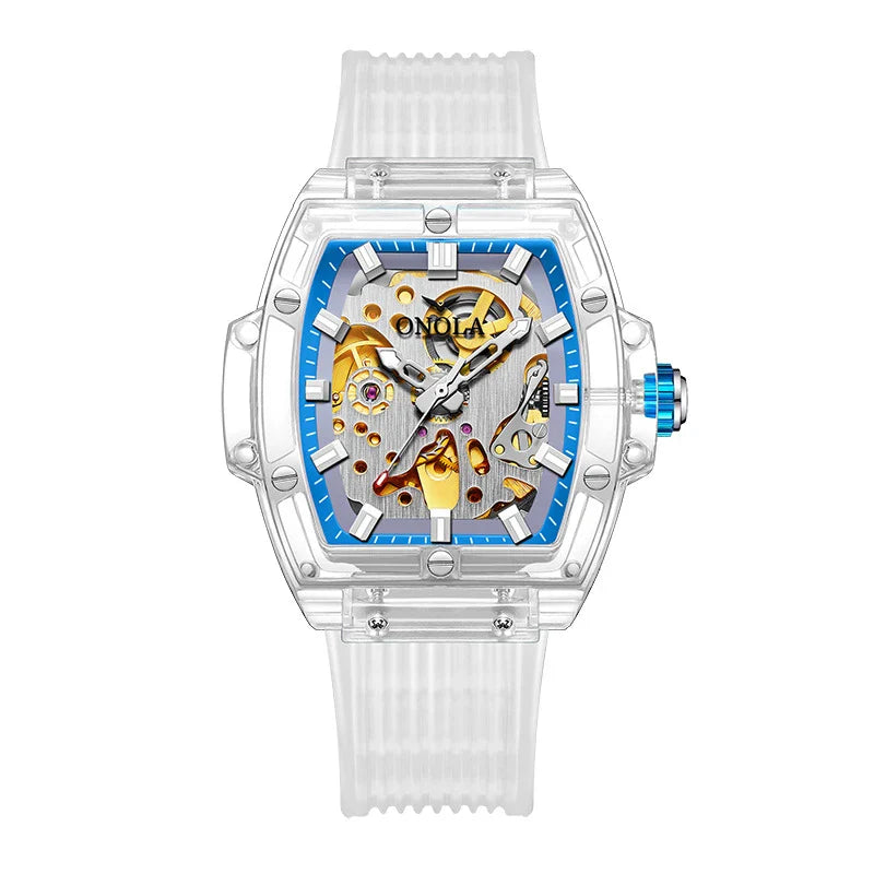 Trendha Skeleton Automatic Watch with Silicone Strap in Transparent White and Red