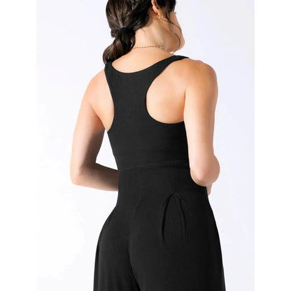 Sleeveless jumpsuit with wide-leg pants, designed for modern New Zealand women's summer style