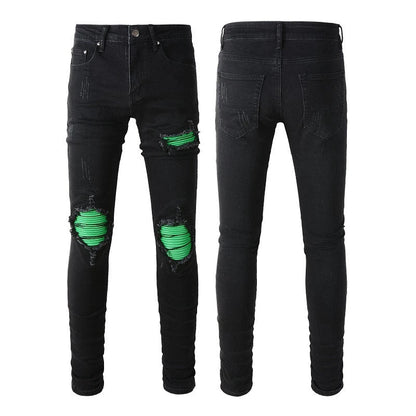 Men's Black Ripped Jeans with Green Patchwork Sustainable Fashion Design