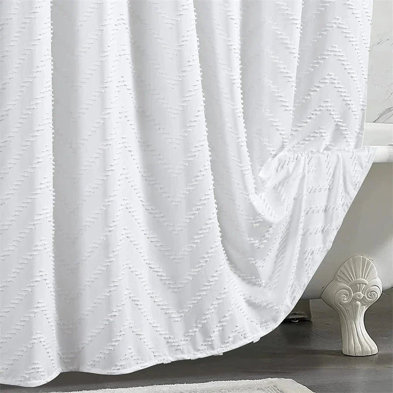 Modern farmhouse style waterproof white shower curtain with chevron tufted design for Kiwi bathrooms