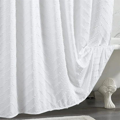 Modern farmhouse style waterproof white shower curtain with chevron tufted design for Kiwi bathrooms