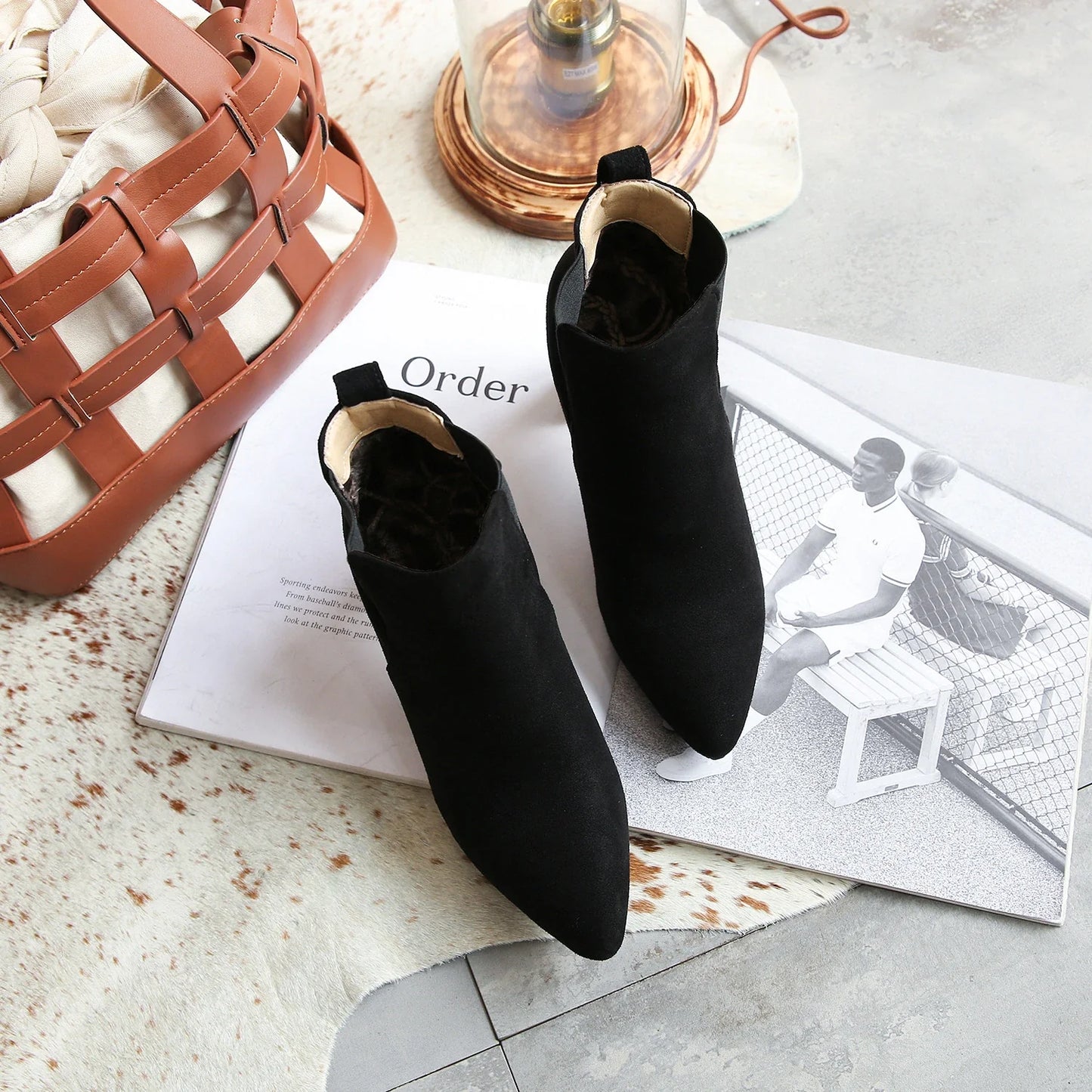 Stylish frosted booties with pointed toe and rubber sole, perfect for everyday wear in New Zealand