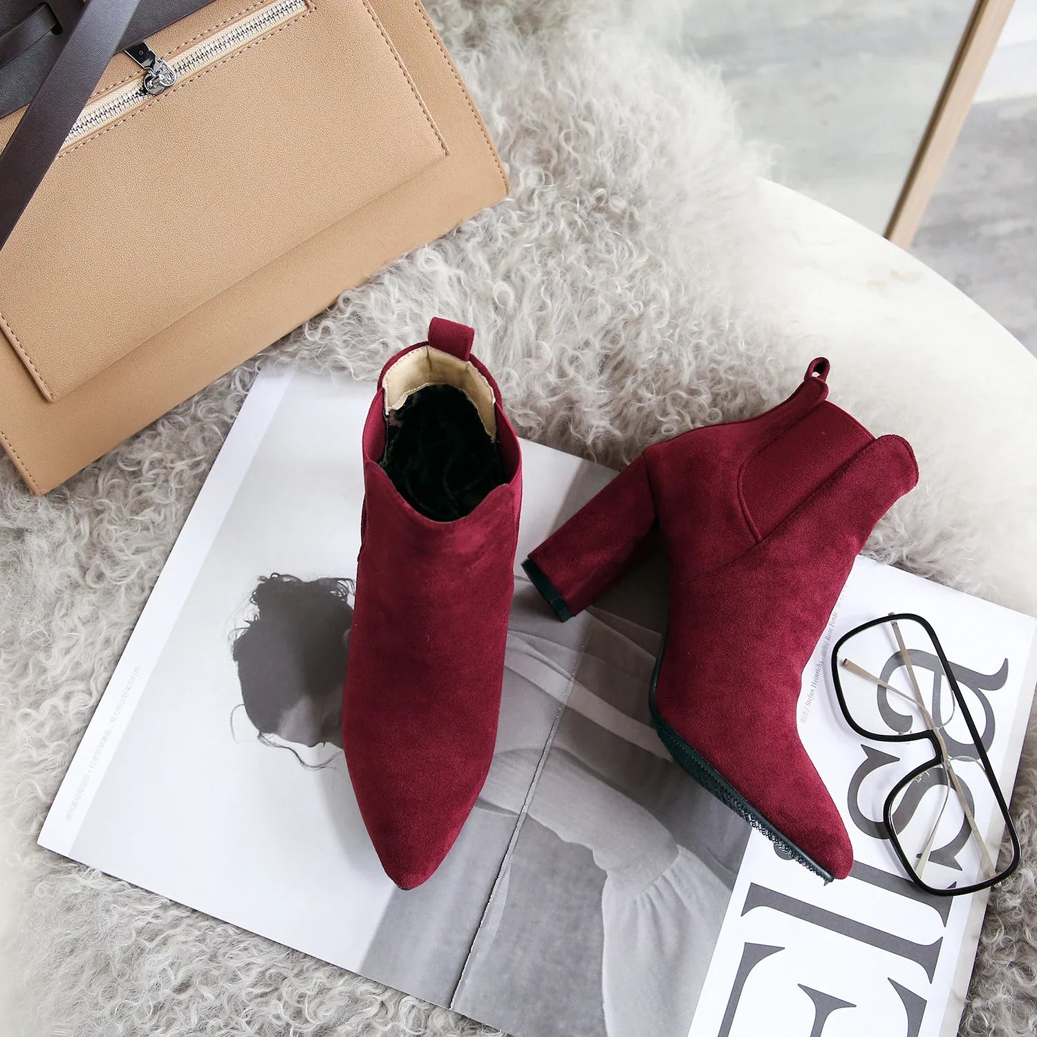 Stylish frosted booties with pointed toe and rubber sole, perfect for everyday wear in New Zealand