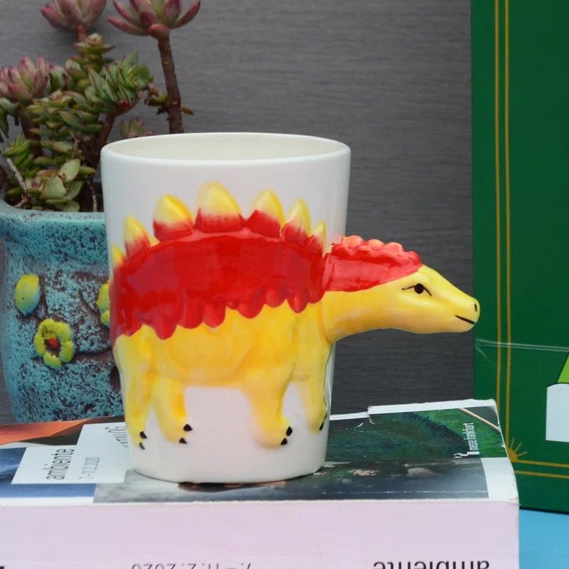 Unique 3D Ceramic Dinosaur Mugs in Tyrannosaurus, Stegosaurus, Triceratops, and Helmet designs - Premium porcelain construction with hand-painted details