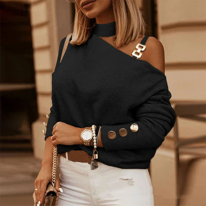 Stylish diagonal shoulder chain embellished long sleeve top in black, perfect for casual Kiwi-inspired fashion