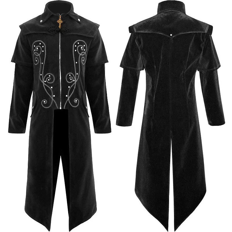 Men's Gothic Halloween Coat with Stand Collar - Stylish and Durable Polyester Blend Jacket in Black