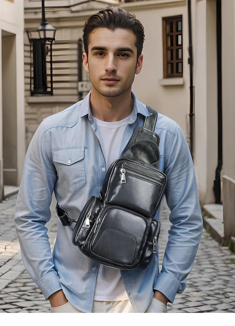 Rugged, premium leather chest bag with polyester cotton lining, designed for the active Kiwi lifestyle