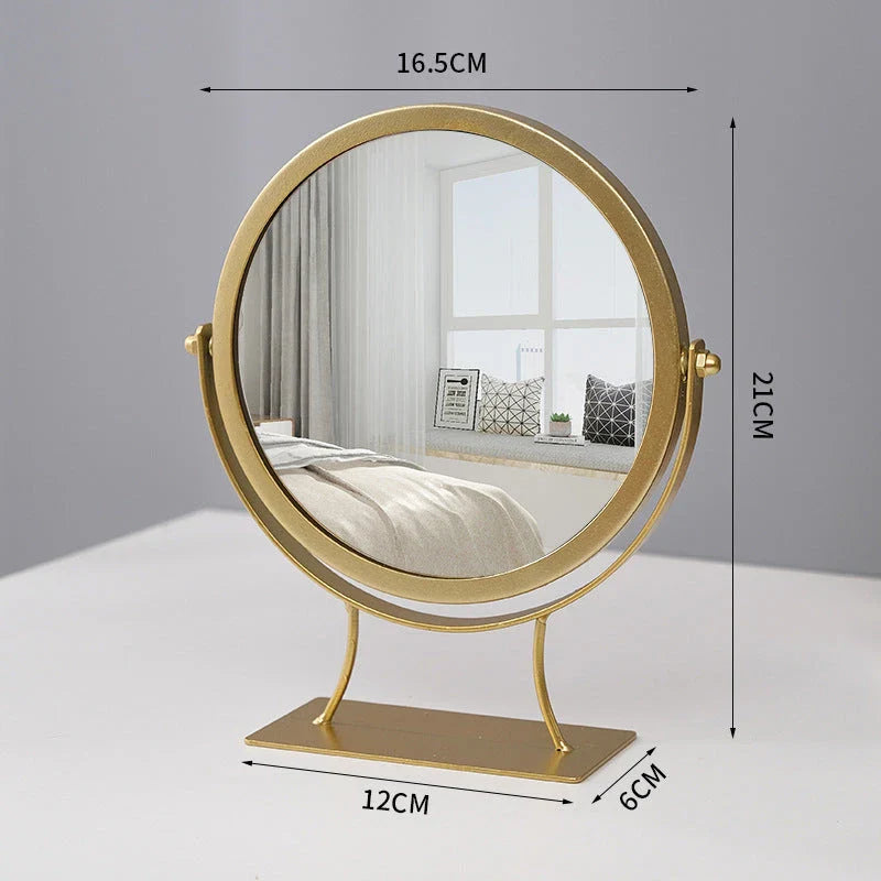 Elegant metal vanity mirror with polished silver mirror and built-in jewelry storage compartments