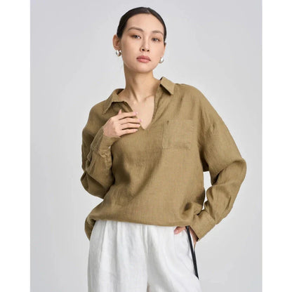 Breathable linen v-neck long sleeve shirt in khaki color, perfect for warm New Zealand weather