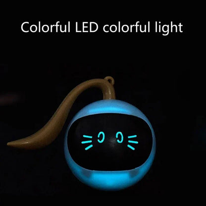 A smart interactive cat toy with a bouncing ball and colorful LED lights, designed to keep indoor cats entertained and engaged.