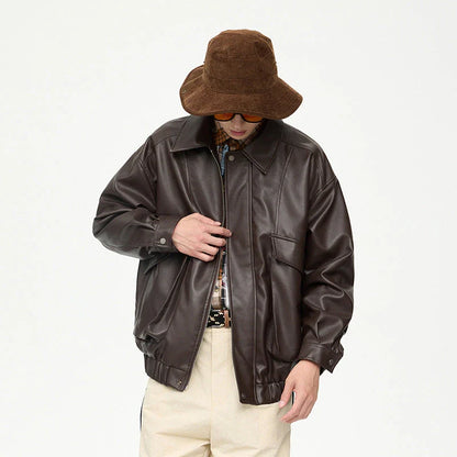 Classic PU leather jacket with lapel collar, roomy pockets, and polyester lining for Kiwi men's fashion