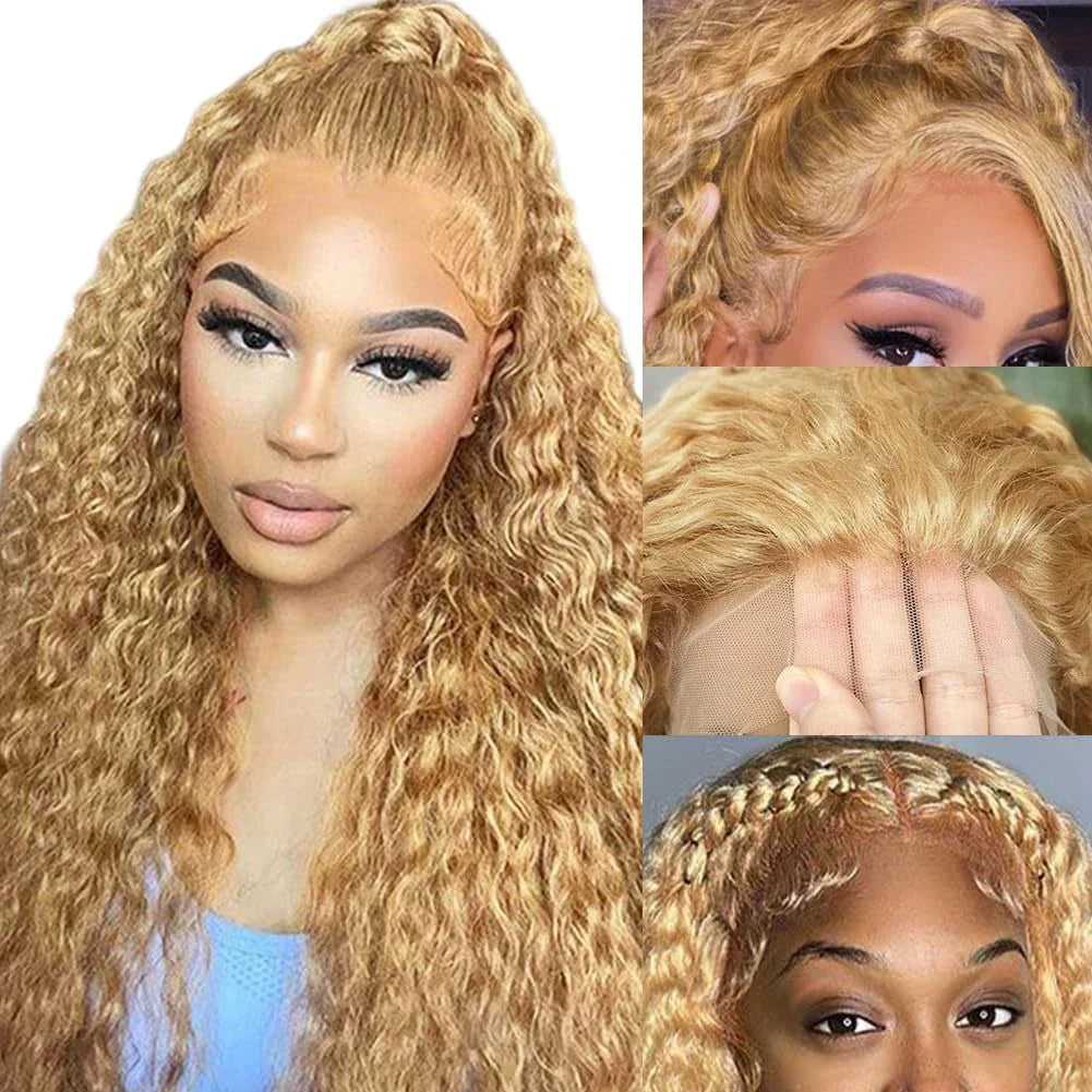 European and Kiwi Women's Lush Curly Front Lace Synthetic Wigs in Gold Color