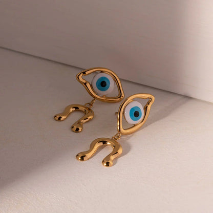 Pair of 18K gold plated stainless steel asymmetrical devil's eye earrings with vibrant, dripping oil-inspired finish