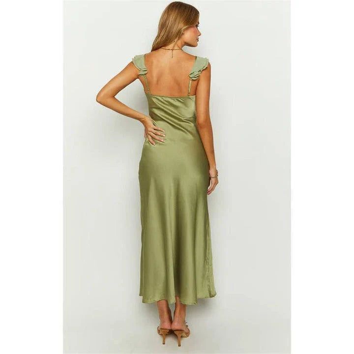 Elegant sleeveless ruffle maxi dress with backless design, perfect for formal events and parties