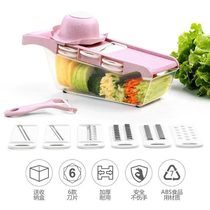 Stainless steel 6-in-1 vegetable cutter with interchangeable blades for slicing, shredding, and chopping a variety of fresh produce