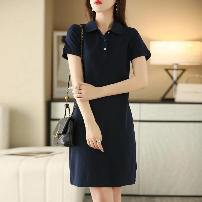 Stylish Kiwi Chic Mid-Length Polo Collar Dress in White, Black, Pink, and Navy Blue colors