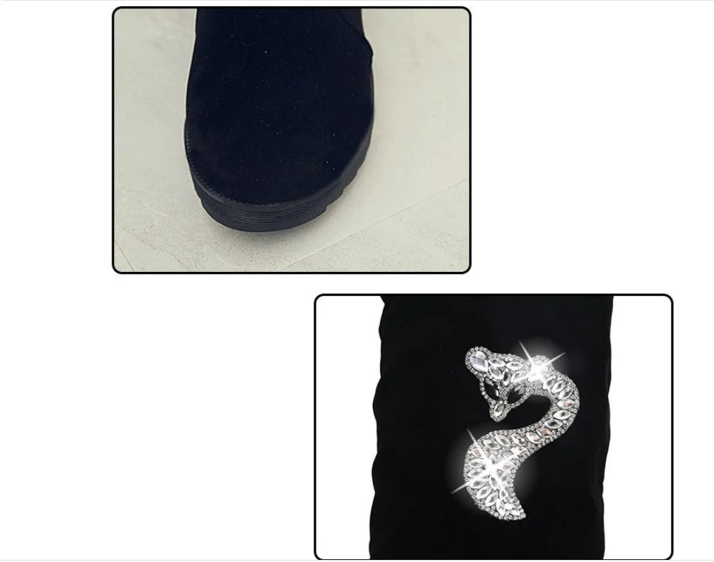 Pair of women's winter boots with rhinestone embellishments in a variety of black colour options
