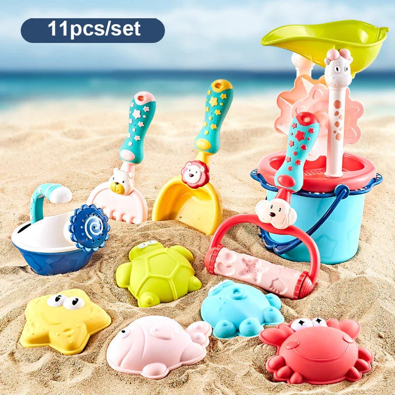 Colourful beach toy set with shovels, sand moulds, and a carry bag for Kiwi kids to enjoy outdoor play and exploration during the summer