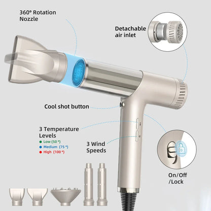 High-speed ionic hair dryer with multiple attachments for versatile styling