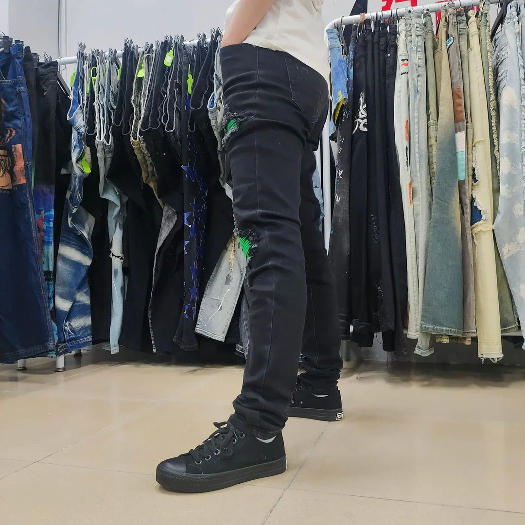 Men's Black Ripped Jeans with Green Patchwork Sustainable Fashion Design