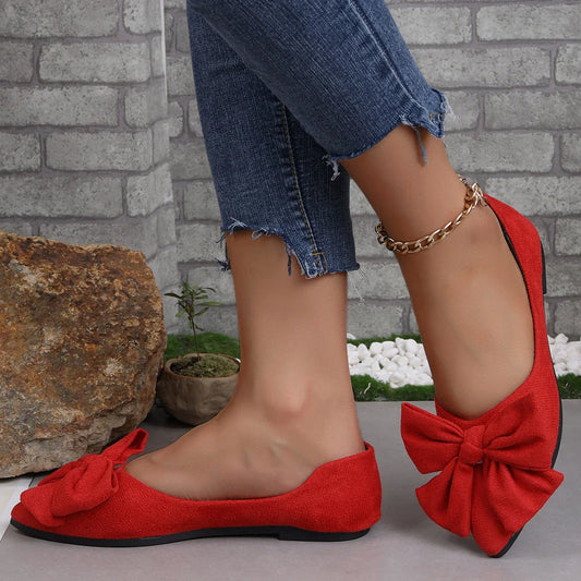 Stylish flat shoes with a pointed toe, low heel, and bow accent, designed for Kiwi women's casual and fashion-forward wardrobes.