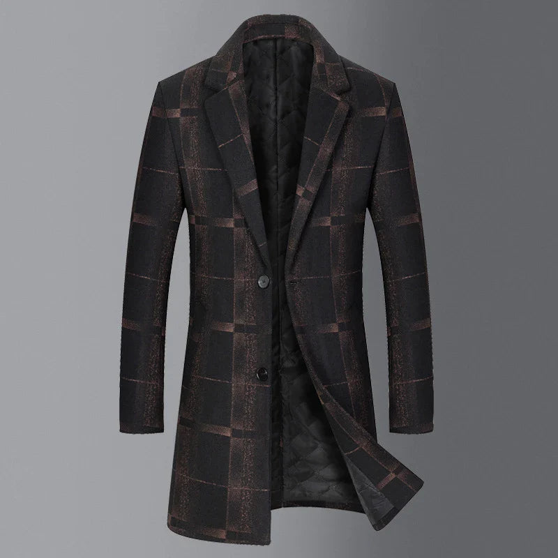 Men's Mid-length Slim Wool Coat in Camel and Gray colors, featuring a tailored silhouette and subtle grid pattern